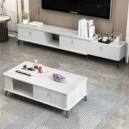 白色岩板茶几电视柜组合轻奢现代简约小户型客厅2021新款石板茶桌