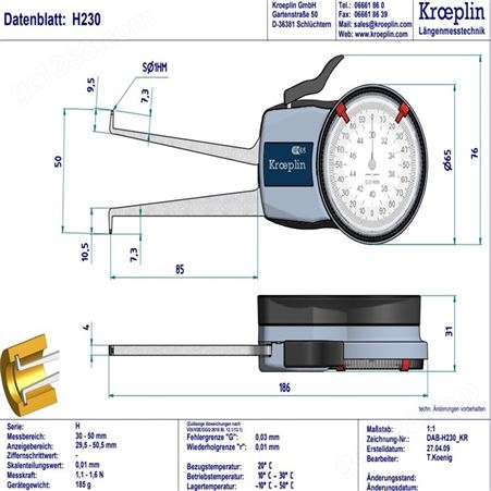 KROEPLIN内测卡规H230 运用方便 测量范围 Meb 30 – 50 mm